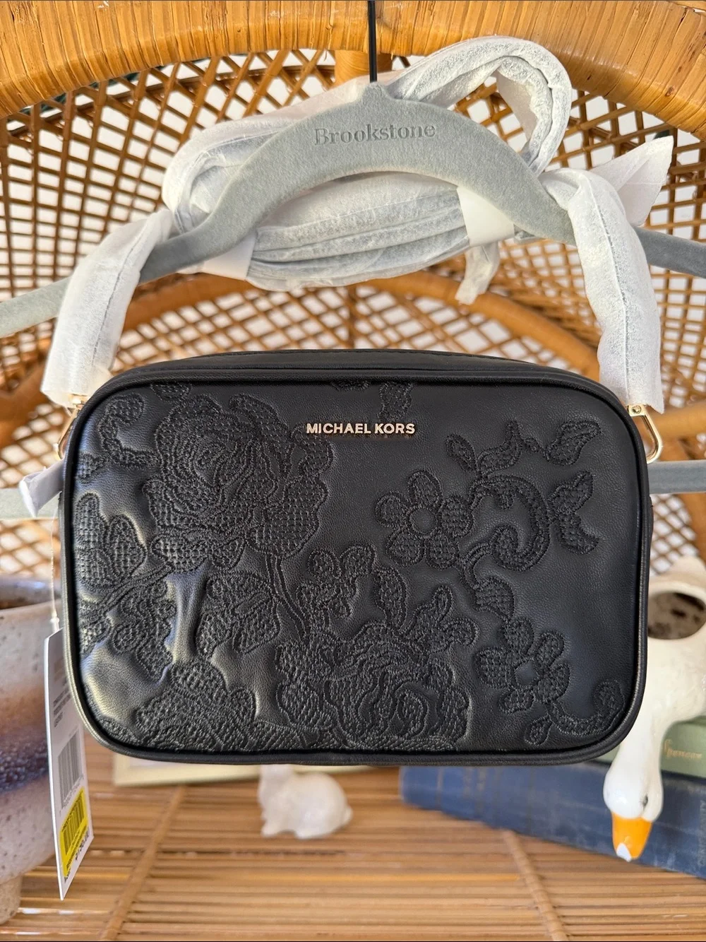 Michael Kors Black Embroidered Floral Leather Crossbody Camera Bag